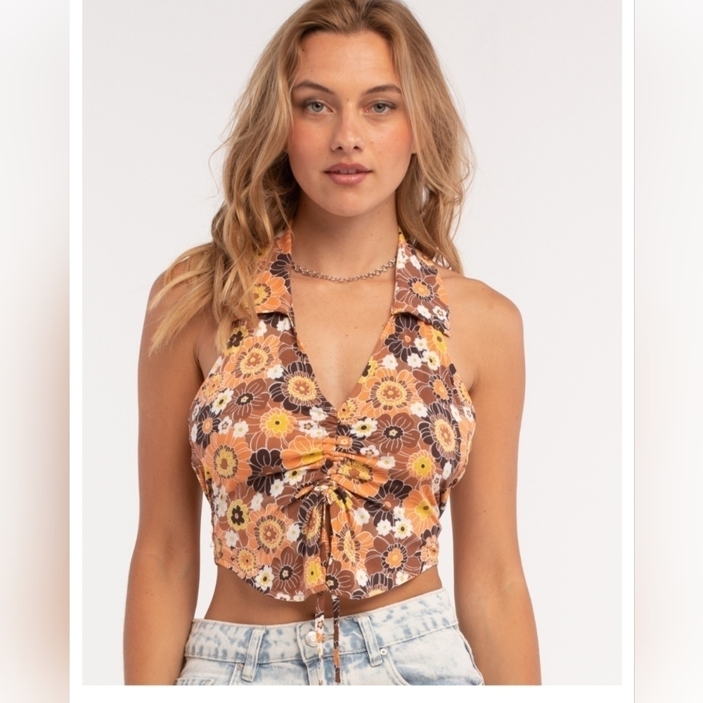 Women's RSQ Collared Cinch Front Backless Halter Top, Small